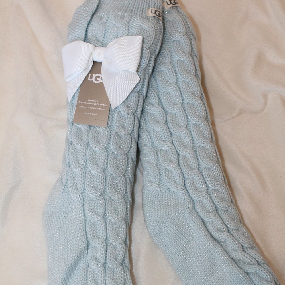 NWT UGG WOMEN'S GIRLS FLEECE LINED SPARKLE BOW‎ SOCKS BLUE